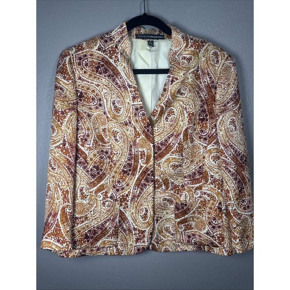 Vtg LINDA ALLARD ELLEN TRACY Jacket Blazer Sz 12 Silk Wool Paisley Rust Cream